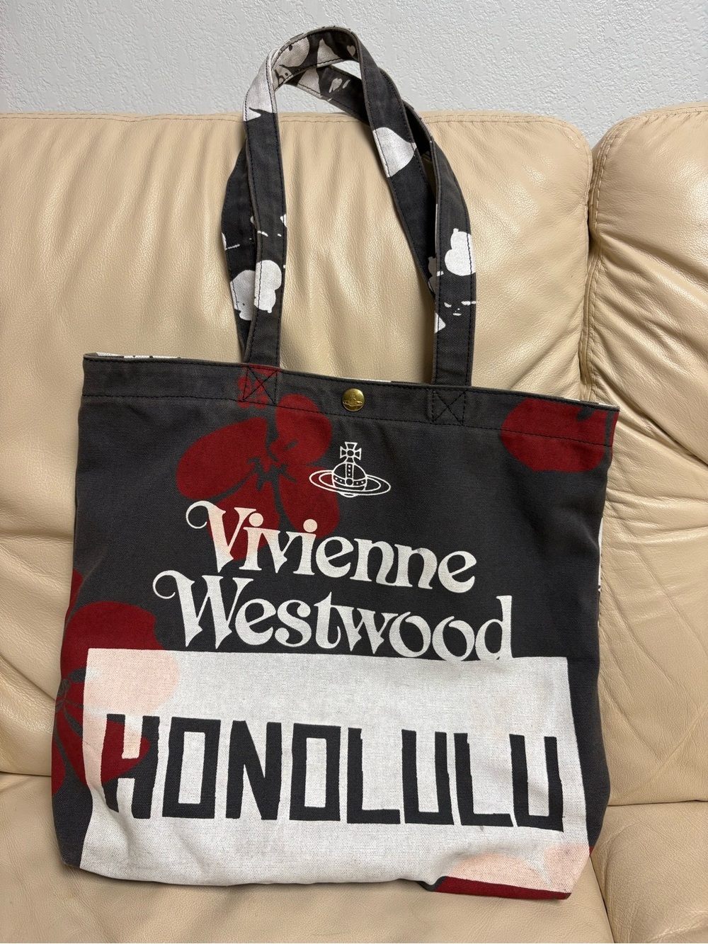 VIVIENNE WESTWOOD HONOLULU Cotton Canvas TOTE BAG Gray Red Hawaii Floral Print